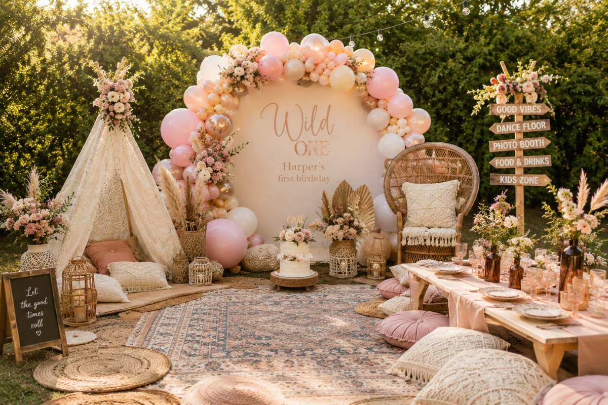 Wide outdoor boho festival-inspired first birthday party setup featuring a large pastel balloon arch, round “Wild One” backdrop, lace teepee tent, woven rugs, rattan chair, floral arrangements, low picnic table, floor cushions, and a decorated birthday cake in a cozy backyard celebration.