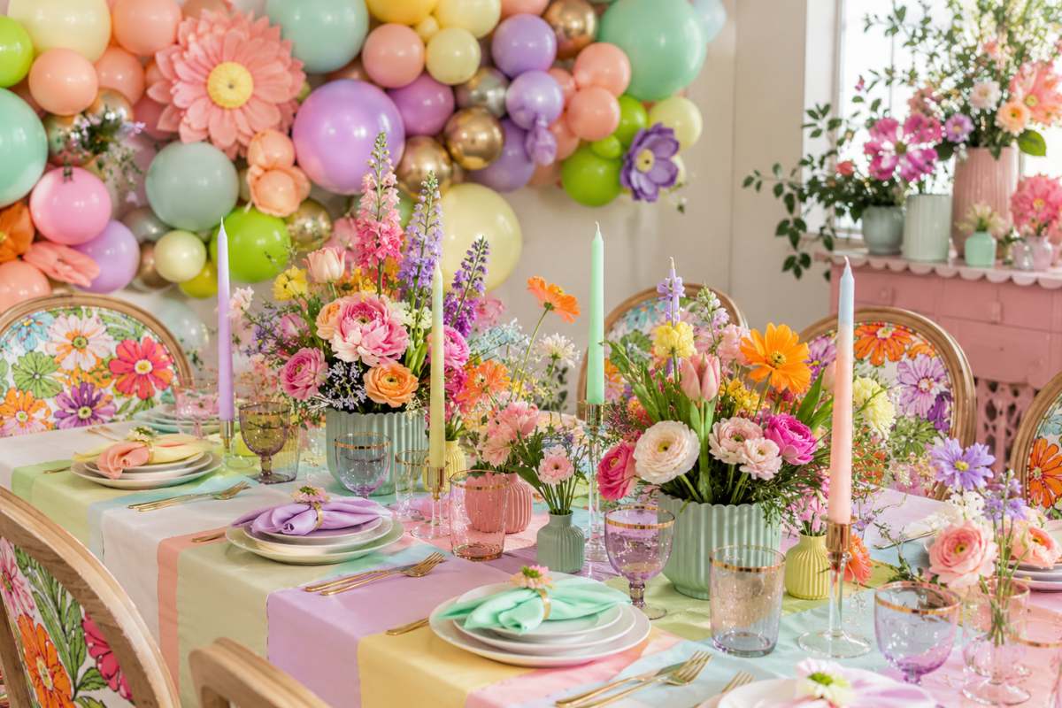 Colorful party table decorated with bold pastel shades of mint green, lilac, peach, and yellow, featuring vibrant floral centerpieces, oversized flower accents, pastel balloon backdrop, gold flatware, and elegant spring-inspired table settings.