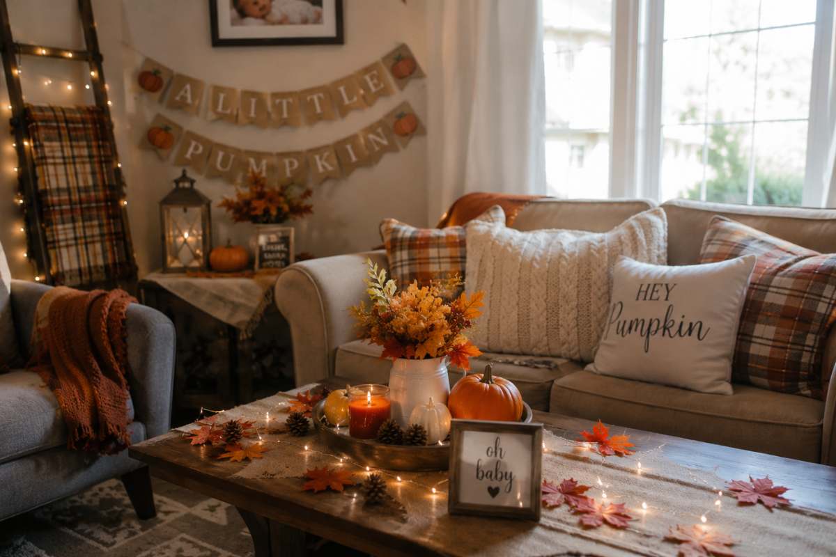 Cozy indoor fall baby shower setup featuring plaid throw blankets, soft pillows, pumpkins, autumn leaves, candles, pinecones, warm string lights, and seasonal floral arrangements in a welcoming living room setting.
