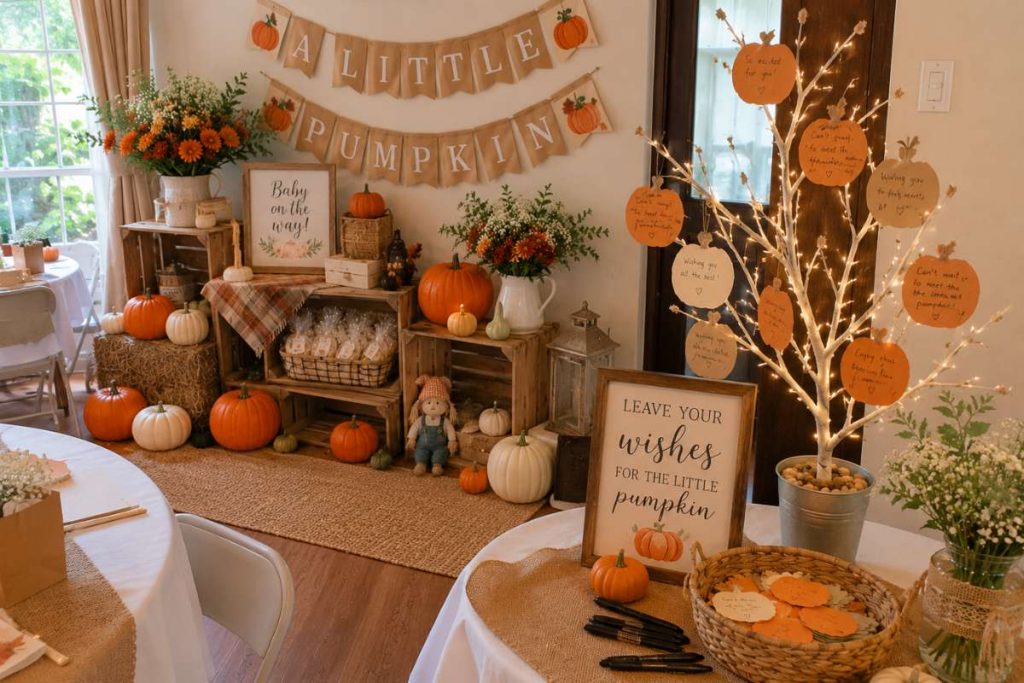 10+ Easy Pumpkin Patch Baby Shower Ideas for a Cozy Fall Celebration Warm indoor easy pumpkin patch baby shower featuring wooden crate displays, pumpkins, seasonal flowers, a guestbook wish tree with handwritten notes, party favors, and rustic autumn decorations.
