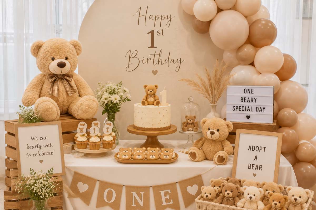 Cozy teddy bear first birthday party setup featuring a neutral beige and cream balloon garland, plush teddy bears, wooden crate décor, rustic dessert table, teddy bear cookies and cupcakes, teddy-themed birthday cake, adopt-a-bear station, soft fabric accents, and warm neutral decorations creating a charming and cuddly first birthday celebration.
