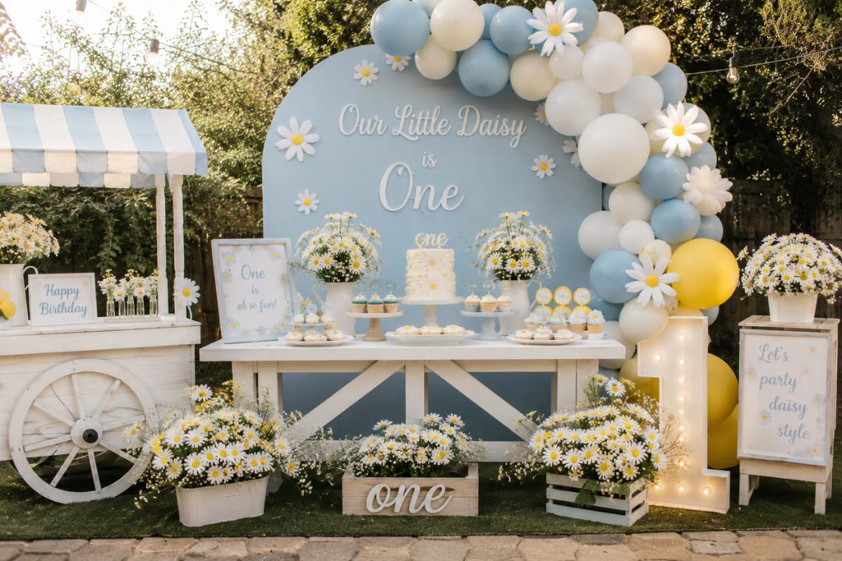 Elegant daisy-themed first birthday party setup featuring a pastel blue arched backdrop, white and yellow balloon garland, daisy flower arrangements, floral dessert table, daisy-decorated cake, illuminated number one marquee sign, and charming garden-inspired decorations in an outdoor setting.