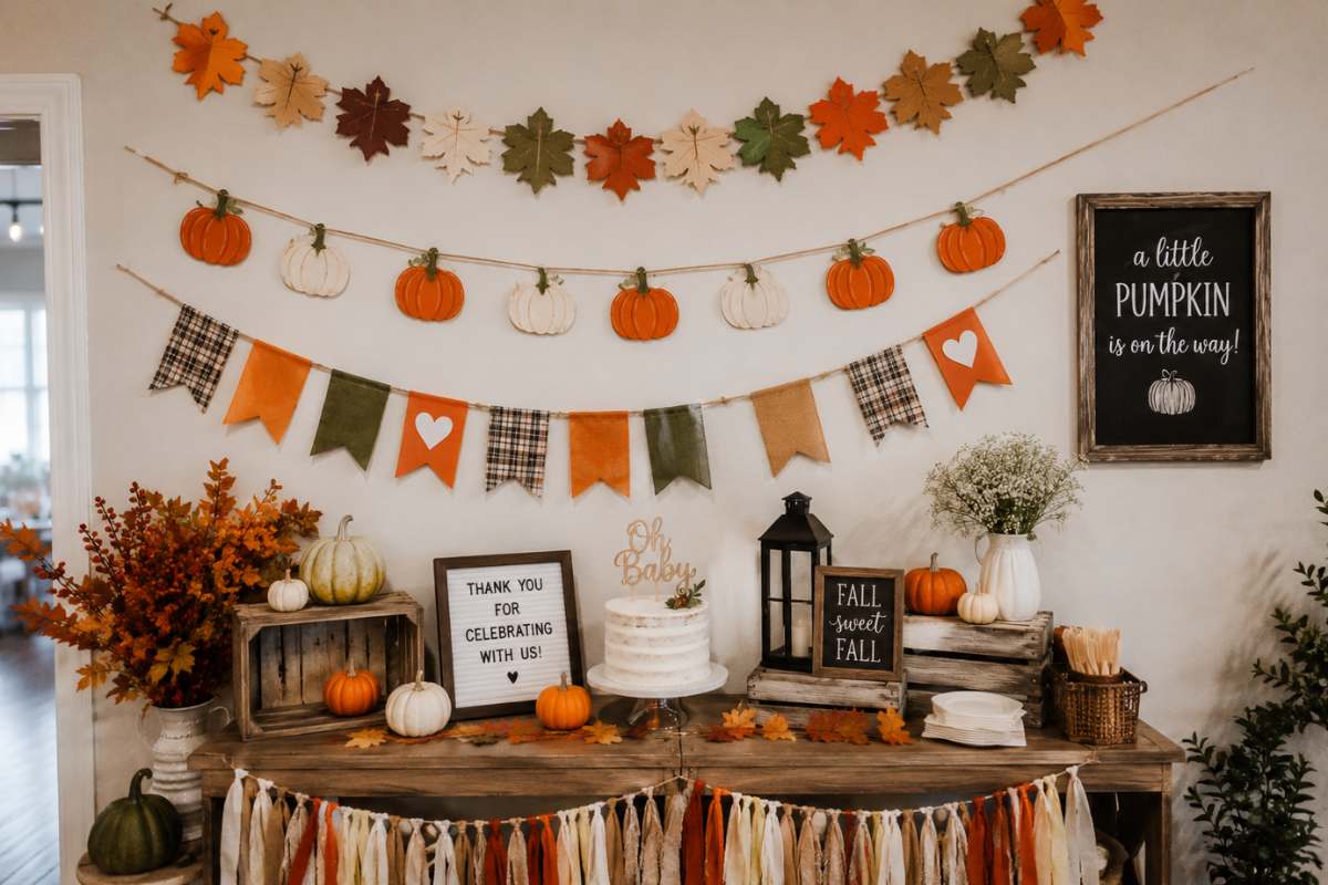 Rustic pumpkin patch baby shower dessert table decorated with handmade fall garlands, fabric banner flags, pumpkin accents, autumn leaves, wooden crates, and seasonal party decor.