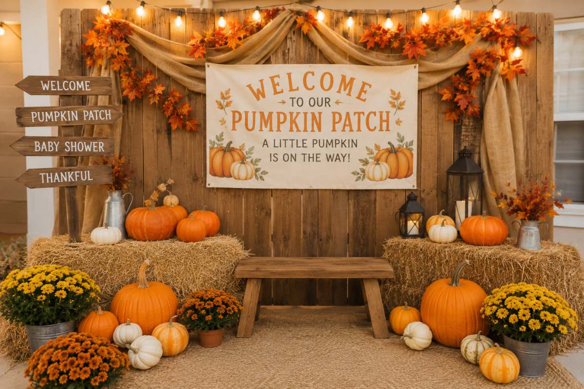 Rustic pumpkin patch baby shower photo backdrop featuring a wooden fence wall, pumpkins, hay bales, autumn mums, burlap draping, string lights, lanterns, and a welcome banner creating a cozy fall-inspired photo area for guests.