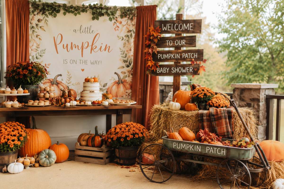 Rustic pumpkin patch baby shower setup featuring pumpkins, hay bales, plaid blankets, autumn mums, wooden signs, seasonal desserts, and warm fall decorations creating a cozy and inviting celebration atmosphere.