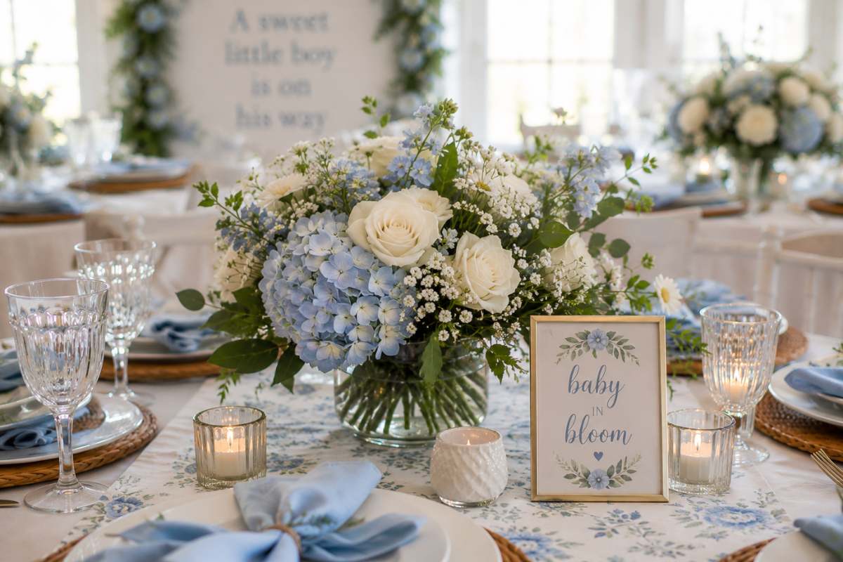 Elegant baby shower centerpiece featuring white roses, blue hydrangeas, baby's breath, and fresh greenery arranged in a low glass vase. The floral arrangement is displayed on a beautifully styled table with candles, crystal glassware, and soft blue accents, creating a sophisticated Baby in Bloom celebration atmosphere.