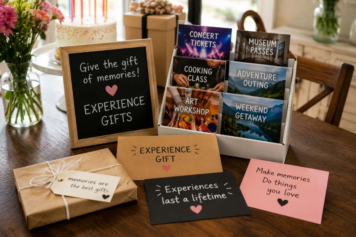 Experience-based birthday gift display featuring concert tickets, museum passes, cooking classes, adventure outings, and workshop vouchers arranged on a wooden table with wrapped gifts, flowers, and celebration décor, highlighting the trend of giving memorable experiences instead of physical presents.