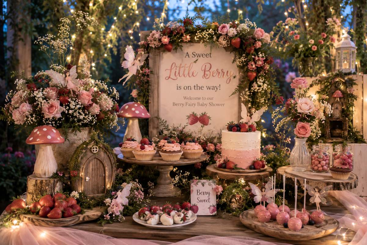 Berry fairy garden theme ideas for a baby shower with fairy lights, woodland decor, pink flowers, fresh berries, whimsical desserts, and an enchanting outdoor celebration setup.
