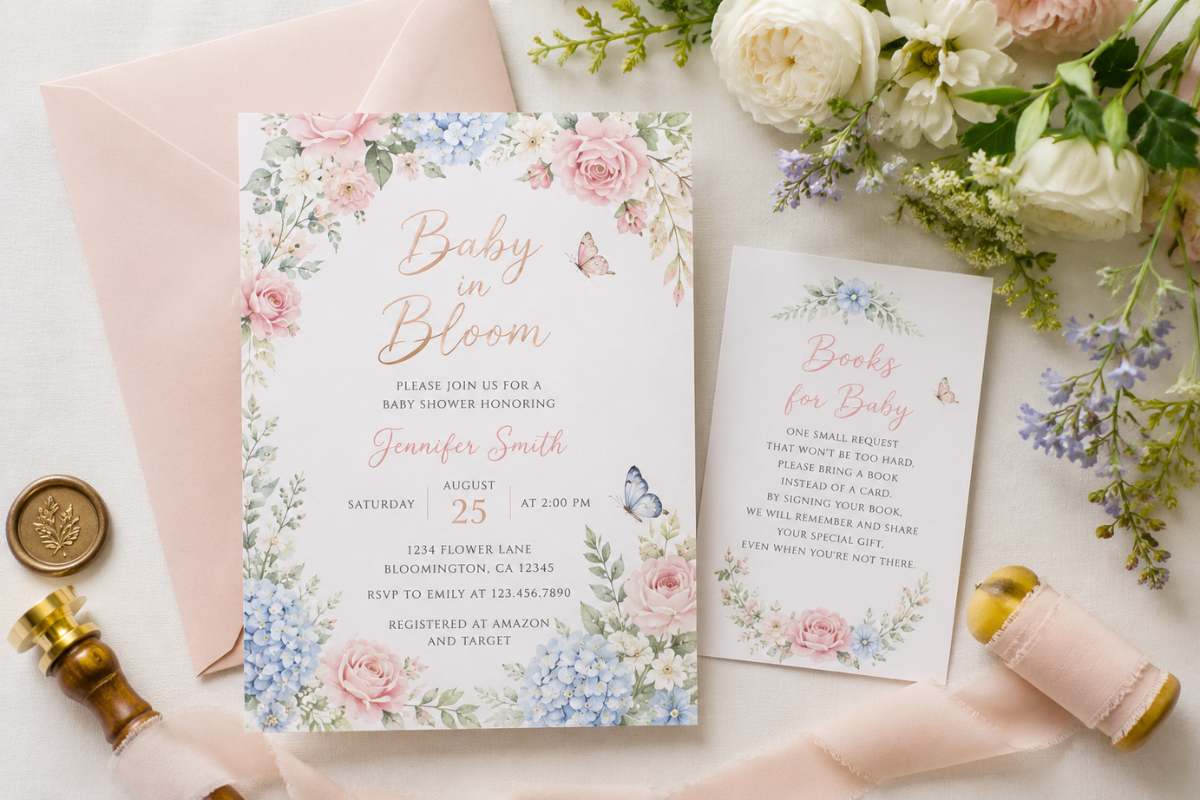 Beautiful Baby in Bloom baby shower invitation styled with blush pink roses, white flowers, eucalyptus leaves, a pastel envelope, and botanical watercolor artwork. The coordinated floral design sets the tone for an elegant garden-inspired baby shower celebration.