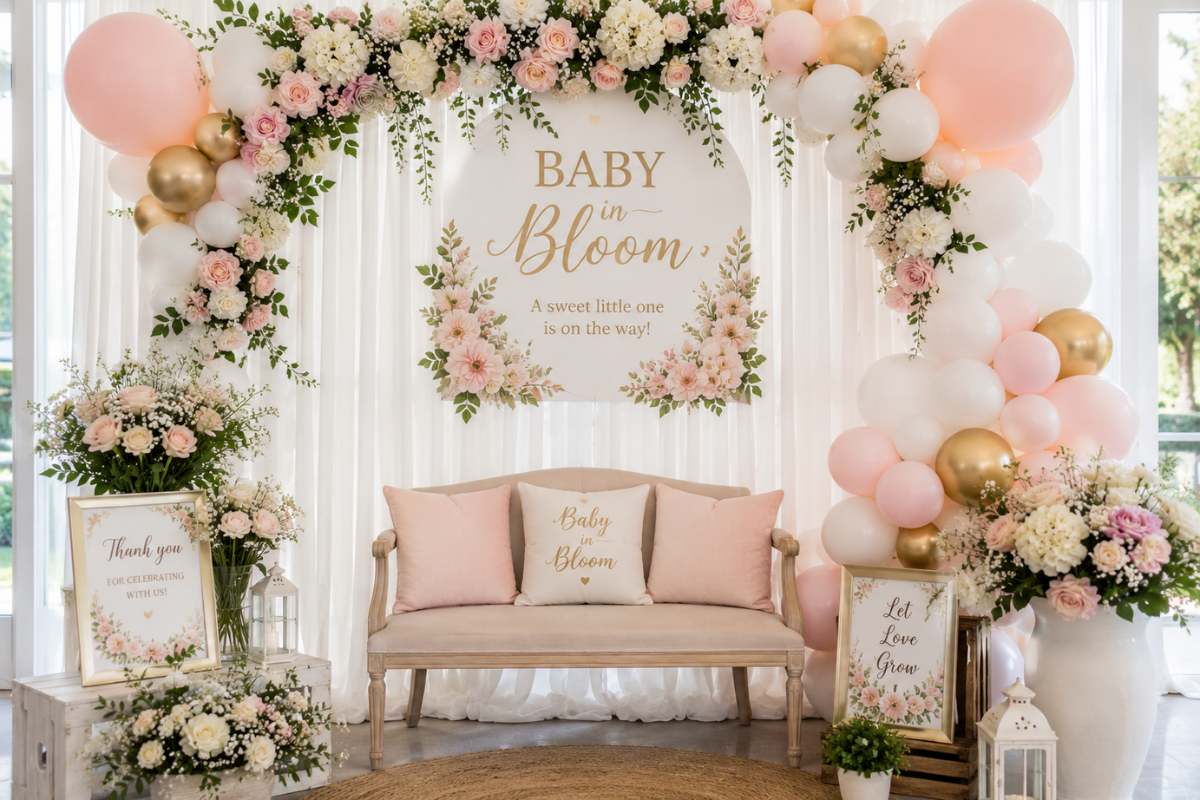 Elegant Baby in Bloom baby shower photo backdrop featuring a blue and white balloon garland, lush floral arch, hanging lights, greenery accents, and a cozy sofa. This beautiful floral backdrop creates the perfect photo area for guests and parents-to-be during a garden-inspired baby shower celebration.