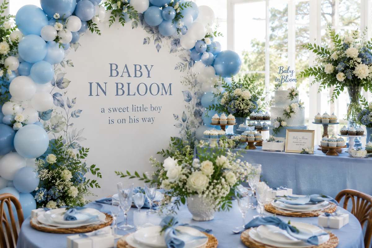 Fresh and modern Baby in Bloom baby shower setup for a boy featuring blue and white balloon garlands, elegant floral arrangements with white roses and greenery, a blue dessert table with a tiered cake, and soft blue table settings in a bright sunlit venue. Perfect inspiration for a sophisticated baby boy celebration.