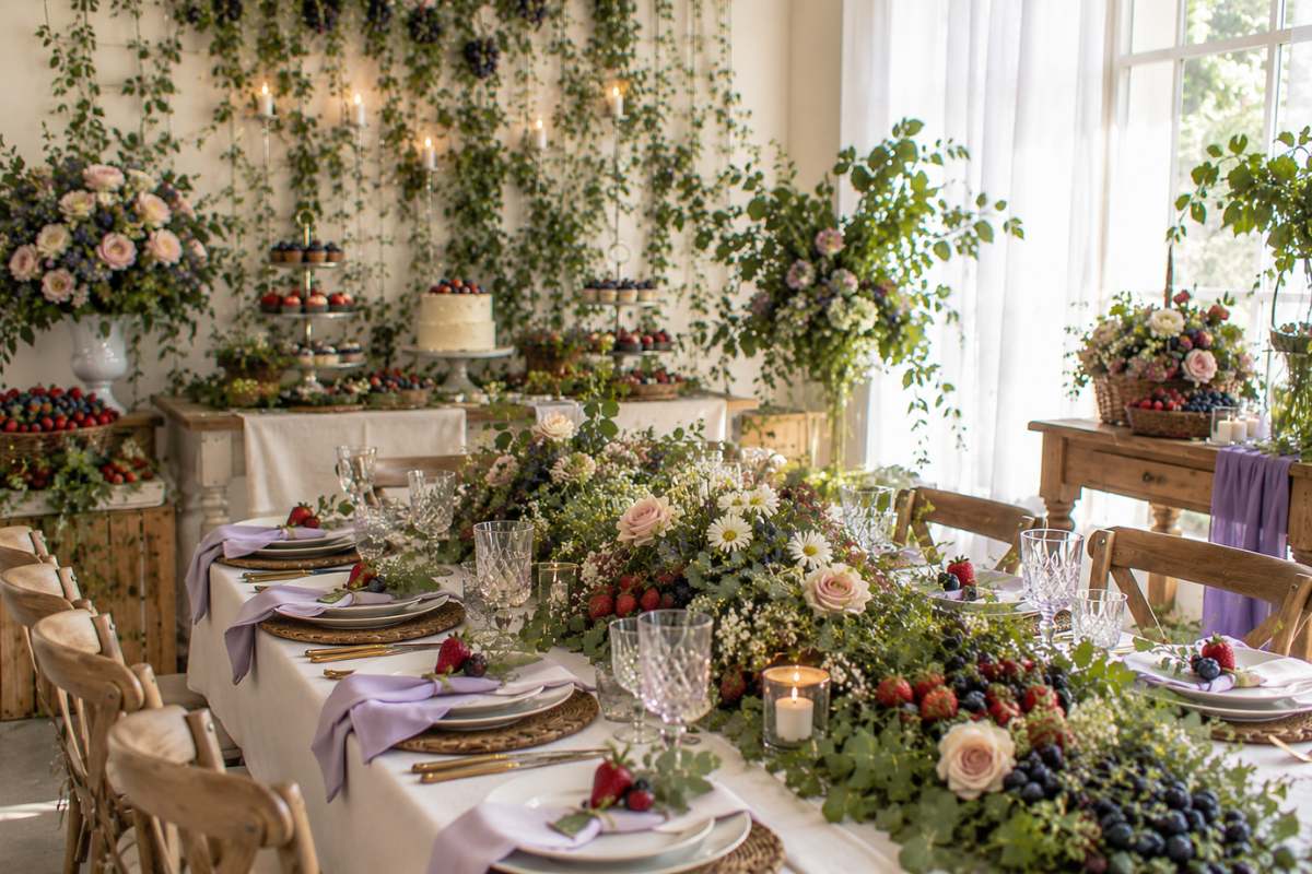 Garden-inspired berry baby shower decor featuring lush greenery garlands, floral table runners, fresh berry accents, elegant place settings, natural wood textures, and a bright indoor celebration space with a soft and airy atmosphere.