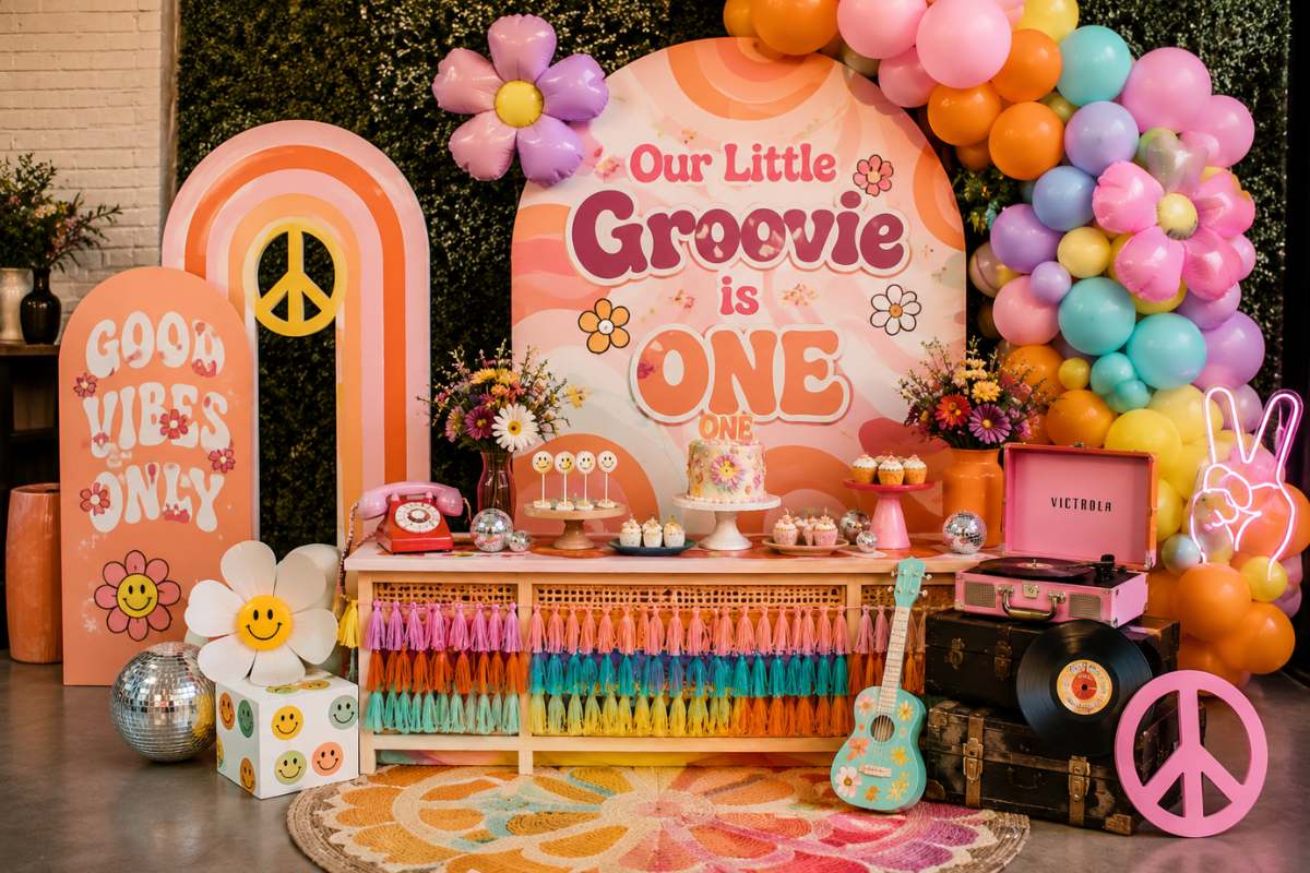 Colorful groovy retro first birthday party setup featuring a vibrant 1970s-inspired backdrop, rainbow arch decor, flower-shaped balloons, peace sign decorations, vinyl records, vintage record player, disco balls, colorful balloon garland, retro dessert table, and bright funky patterns in a playful retro celebration theme.
