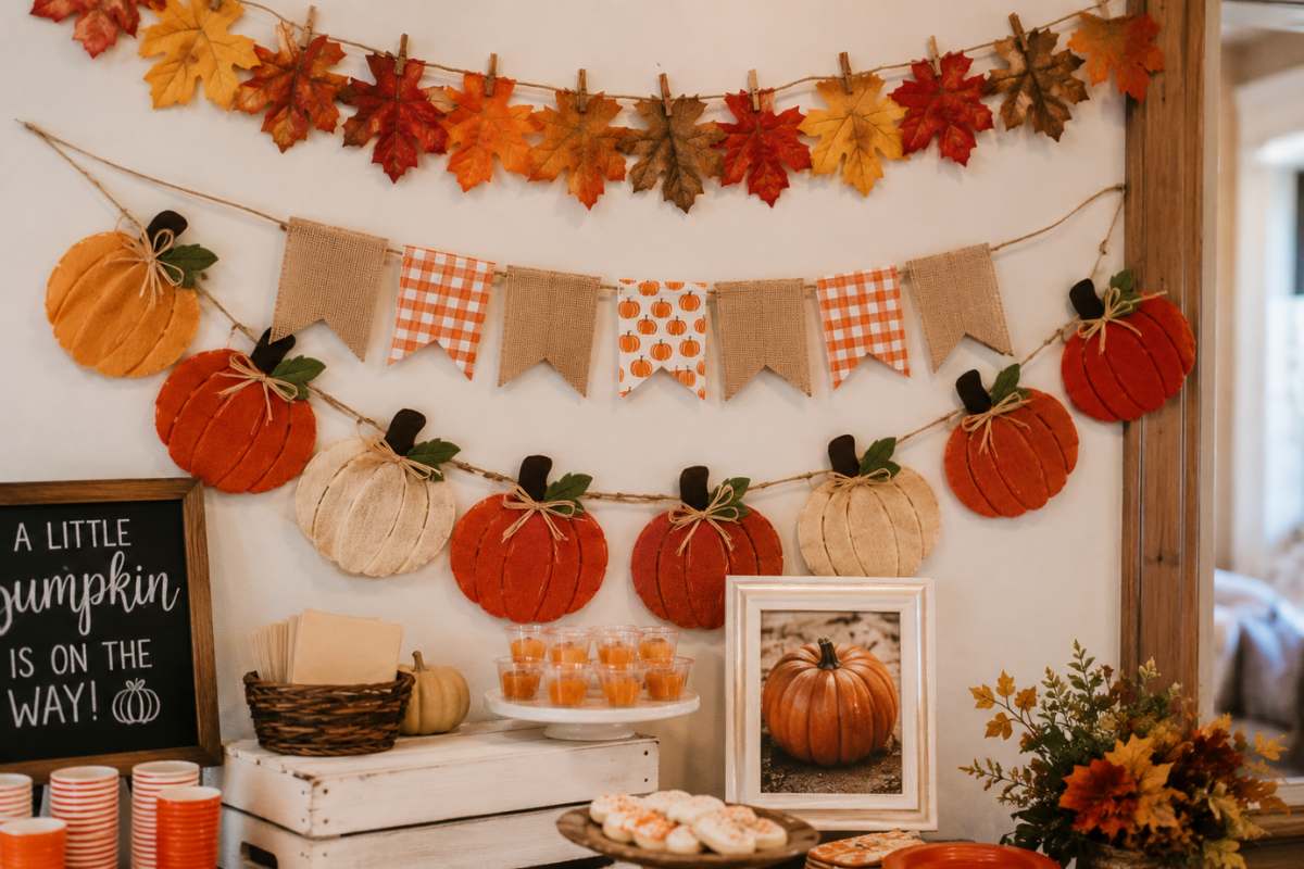 DIY fall garland decorations featuring paper leaves, felt pumpkins, burlap banner flags, and autumn-inspired accents displayed above a baby shower dessert table for a cozy pumpkin patch celebration.