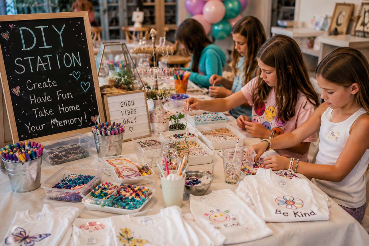 Children enjoying a hands-on DIY party station filled with colorful craft supplies, beads, markers, and custom T-shirt decorating materials. Guests create personalized keepsakes at a creative birthday activity table, showcasing the growing trend of interactive and experience-based celebrations.