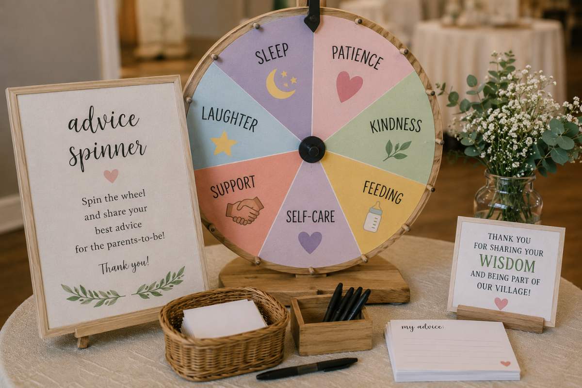 It Takes a Village baby shower advice spinner activity featuring a colorful wheel with categories such as sleep, patience, kindness, and support, inviting guests to share parenting tips and words of wisdom while creating a fun and interactive celebration centered on community and encouragement.