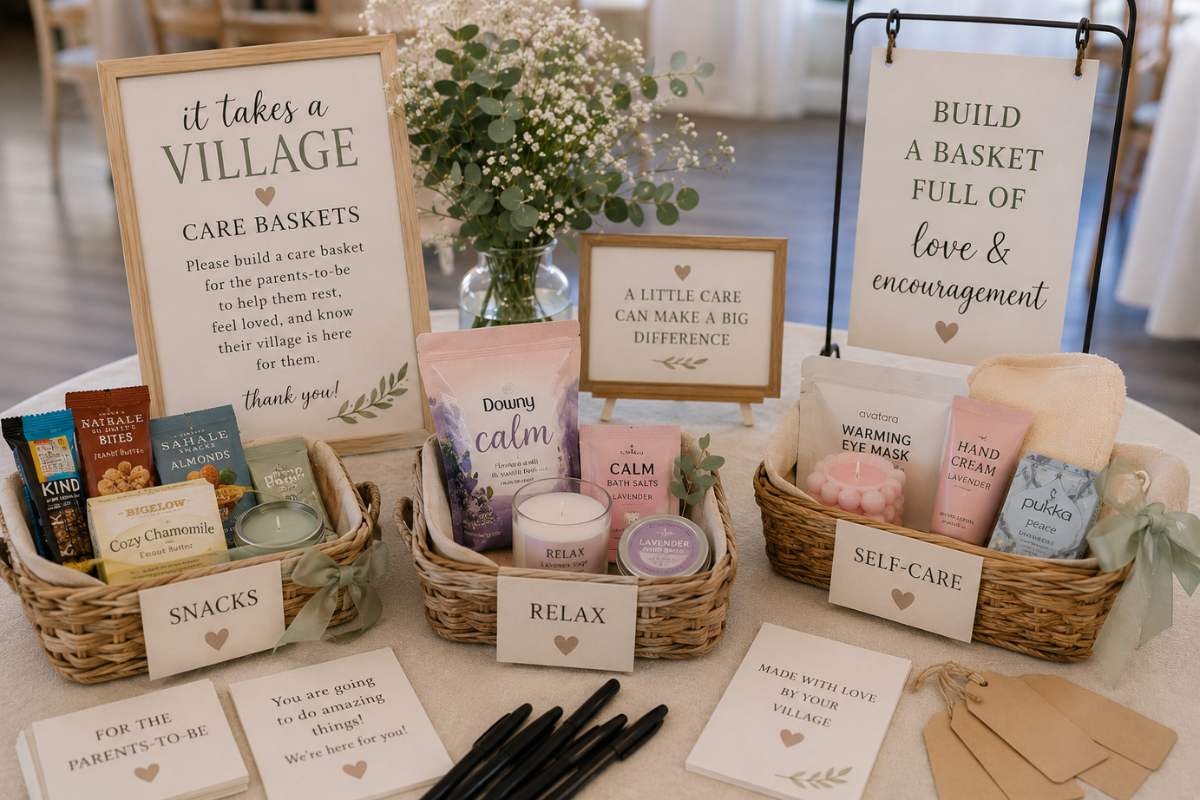 It Takes a Village baby shower care basket station featuring baskets filled with snacks, self-care items, candles, journals, and encouragement cards. Guests assemble thoughtful care packages for the parents-to-be, providing practical support, comfort, and reminders that their community is there to help during the journey into parenthood.