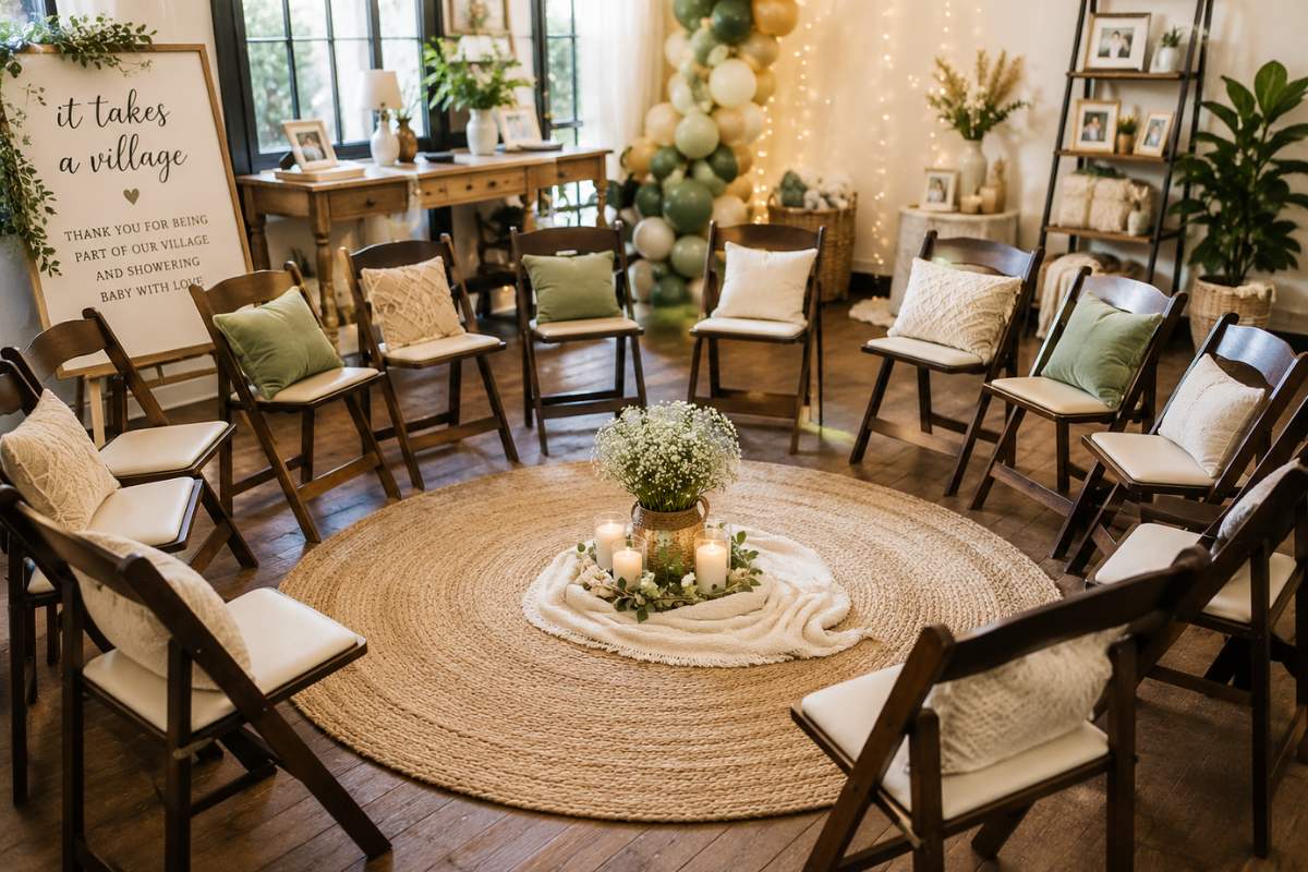 It Takes a Village baby shower circle seating arrangement featuring chairs placed in a welcoming circle with soft cushions, cozy rugs, and warm décor, encouraging meaningful conversations, storytelling, and connection among guests.