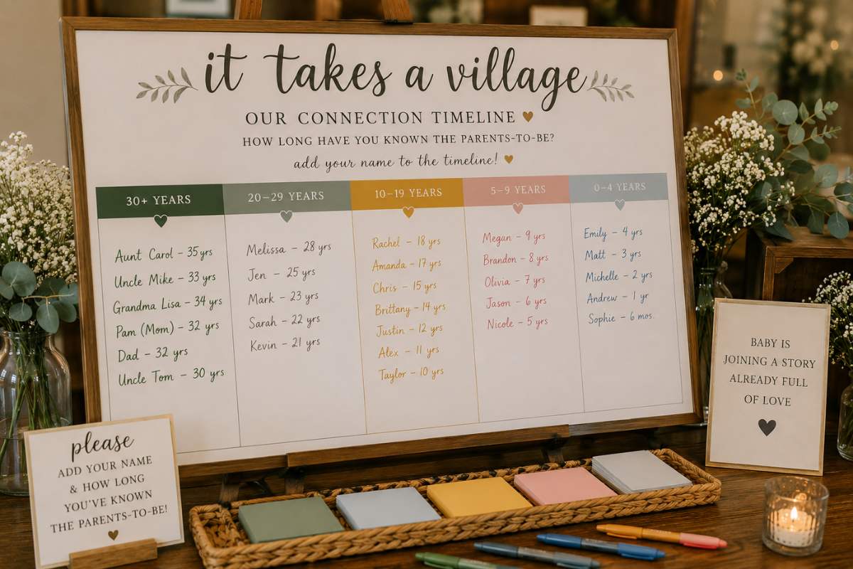 It Takes a Village baby shower connection timeline display featuring a color-coded chart where guests write their names and the year they met the parents-to-be, celebrating long-lasting friendships, family connections, and the supportive community welcoming the baby into a story already filled with love.