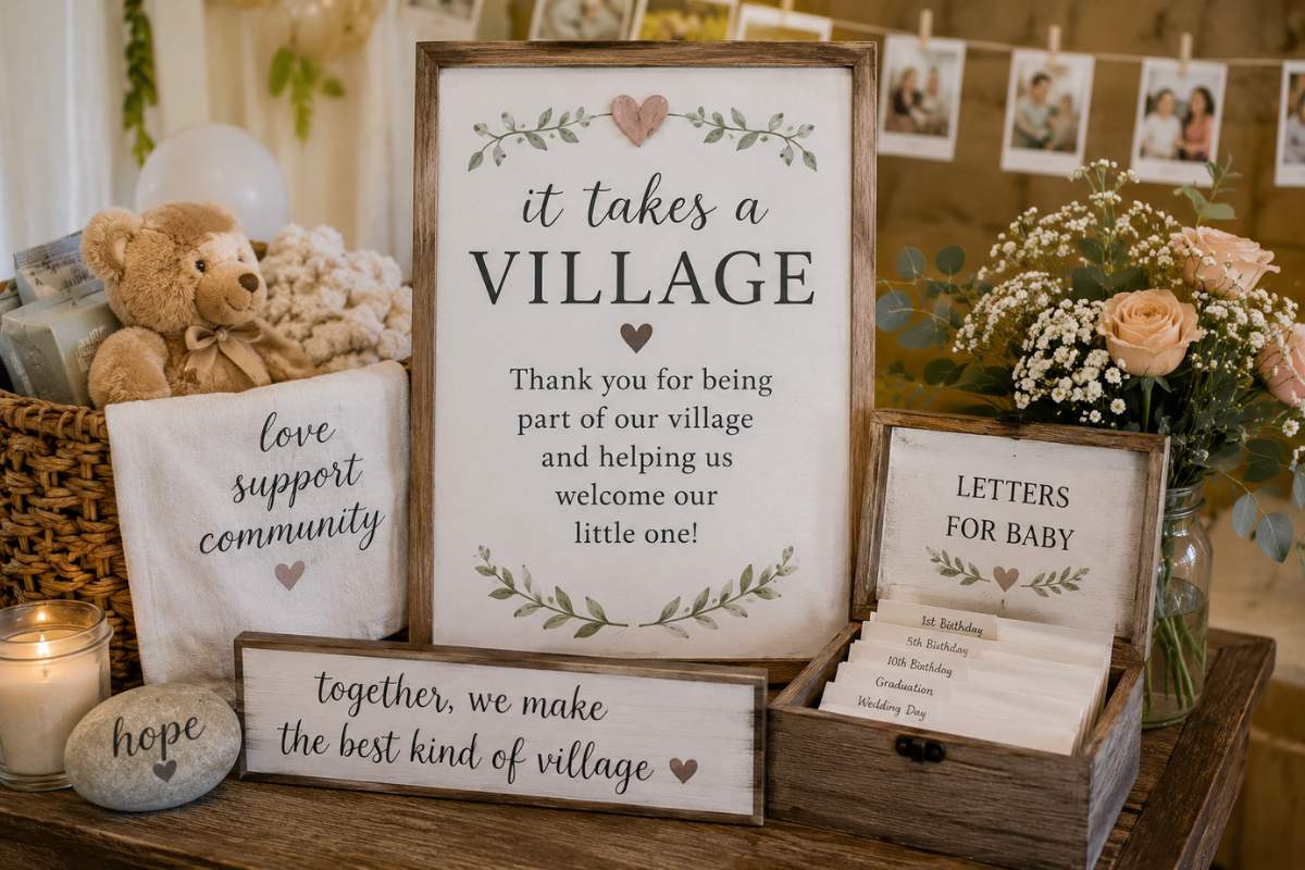 Rustic It Takes a Village baby shower featured display with a teddy bear, floral arrangements, keepsake letter box, community-inspired signs, and heartfelt décor celebrating the love, support, and connection surrounding the parents-to-be as they welcome a new baby.