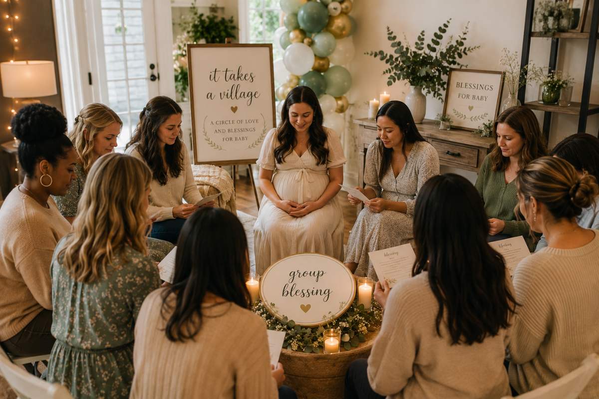 It Takes a Village baby shower group blessing activity featuring guests gathered in a circle sharing heartfelt wishes, hopes, and words of encouragement for the baby and parents-to-be, creating a meaningful moment of connection, love, and community support.
