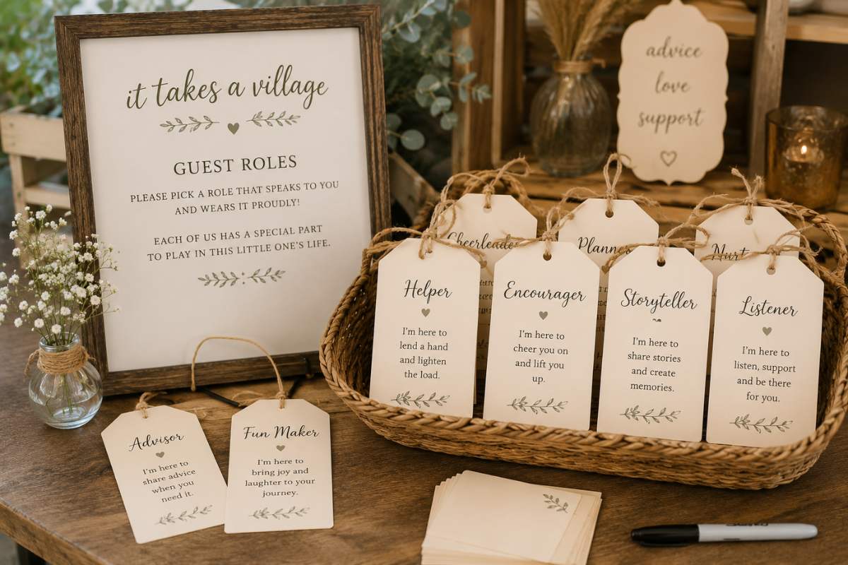 It Takes a Village baby shower guest roles display featuring role cards such as Helper, Encourager, Storyteller, and Advisor arranged in a decorative basket, encouraging guests to participate in supporting the parents-to-be and celebrating the baby’s community of care.
