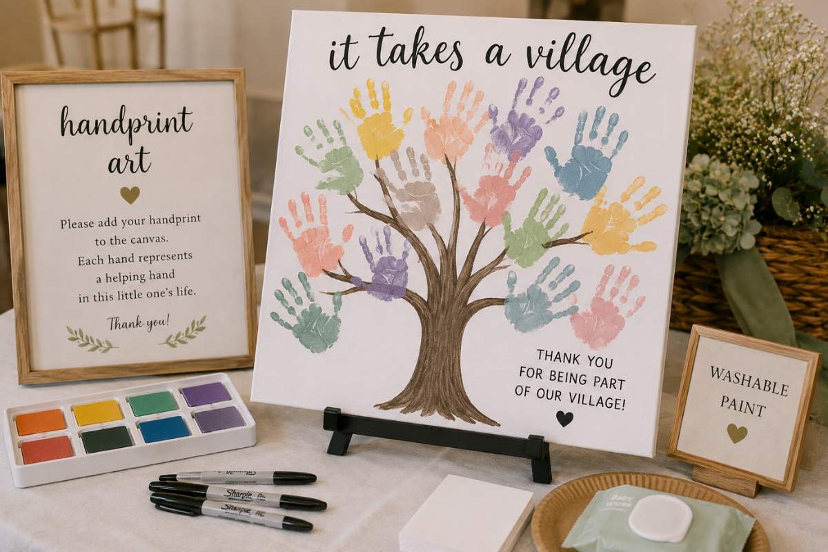 It Takes a Village baby shower handprint art activity featuring colorful guest handprints on a canvas tree, symbolizing the community of family and friends supporting the baby. The finished artwork serves as a meaningful nursery keepsake and visual reminder of the helping hands surrounding the growing family.