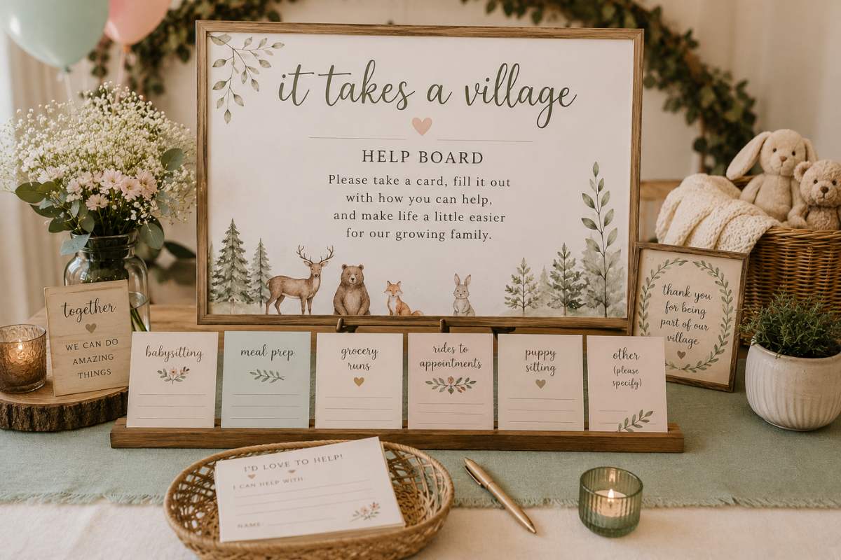 It Takes a Village baby shower help board featuring support cards where guests can offer practical assistance such as meal preparation, babysitting, errands, and encouragement, creating a meaningful way for friends and family to support the parents-to-be after the baby arrives.
