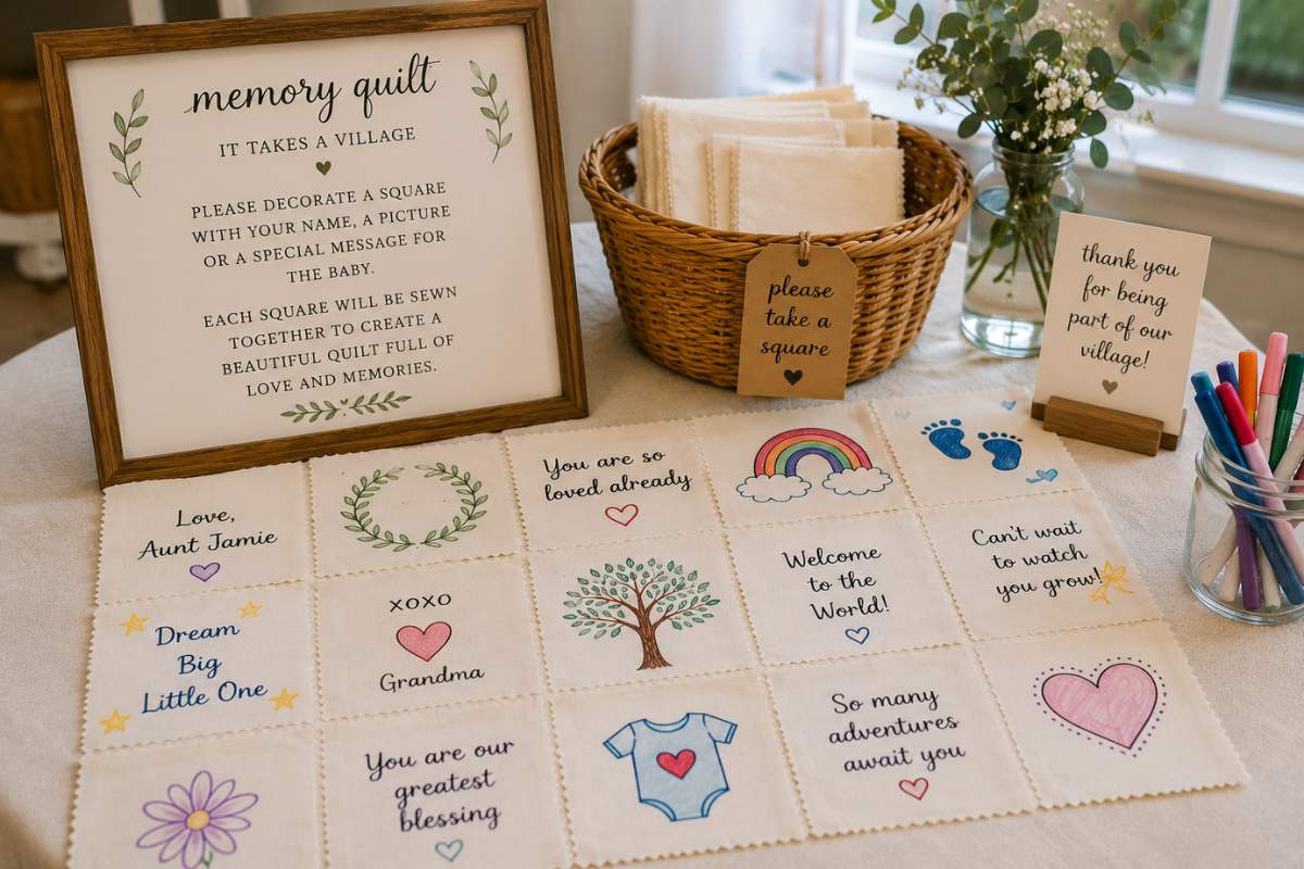 It Takes a Village baby shower memory quilt activity featuring fabric squares decorated with names, drawings, and heartfelt messages from guests, creating a meaningful handmade keepsake quilt that celebrates the baby’s support network and community.