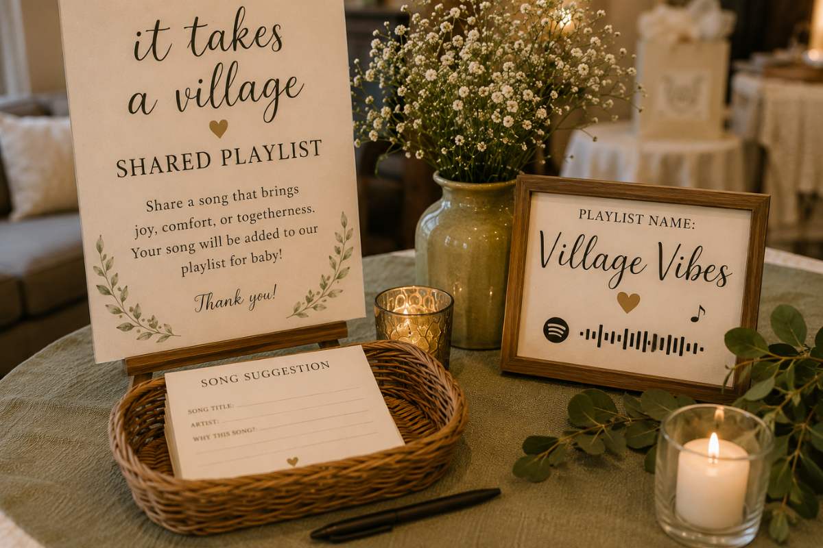 It Takes a Village baby shower shared playlist station featuring song suggestion cards, a decorative “Village Vibes” playlist sign, and cozy greenery accents where guests contribute meaningful songs that represent joy, comfort, and togetherness for the baby and family.