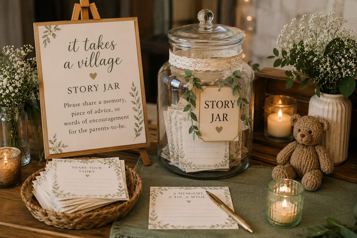 It Takes a Village baby shower story jar station featuring decorative note cards and a glass jar where guests share childhood memories, parenting advice, and heartfelt stories, creating a meaningful keepsake filled with love, wisdom, and support for the growing family.