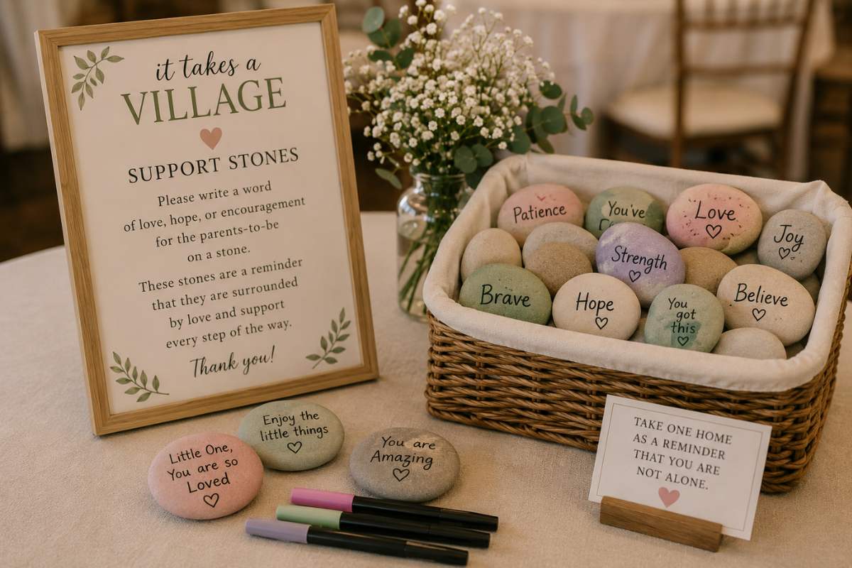 It Takes a Village baby shower support stones activity featuring smooth pastel-painted stones inscribed with words of love, hope, patience, kindness, and encouragement. Displayed in a decorative bowl with markers and floral accents, the stones symbolize the caring community supporting the baby and parents-to-be.