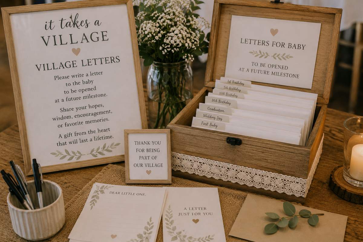 It Takes a Village baby shower village letters station featuring a decorative keepsake box filled with milestone-labeled envelopes and letter-writing cards. Guests write heartfelt messages for the baby to open on future birthdays, graduations, and special occasions, creating a treasured collection of love, wisdom, and support from family and friends.