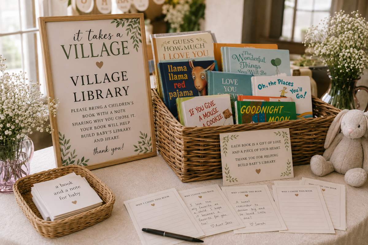 It Takes a Village baby shower village library display featuring a basket of children's books, personalized note cards, and rustic signage encouraging guests to contribute meaningful stories and messages. Each book becomes a treasured keepsake, helping build a library filled with love, memories, and support from family and friends.