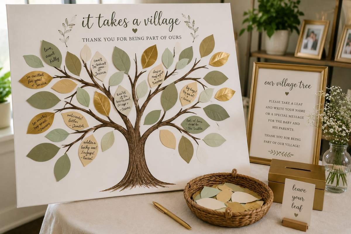 It Takes a Village baby shower village tree guestbook featuring a decorative tree canvas with personalized paper leaves containing guests’ names and heartfelt messages, symbolizing growth, love, and the supportive community surrounding the baby and family.
