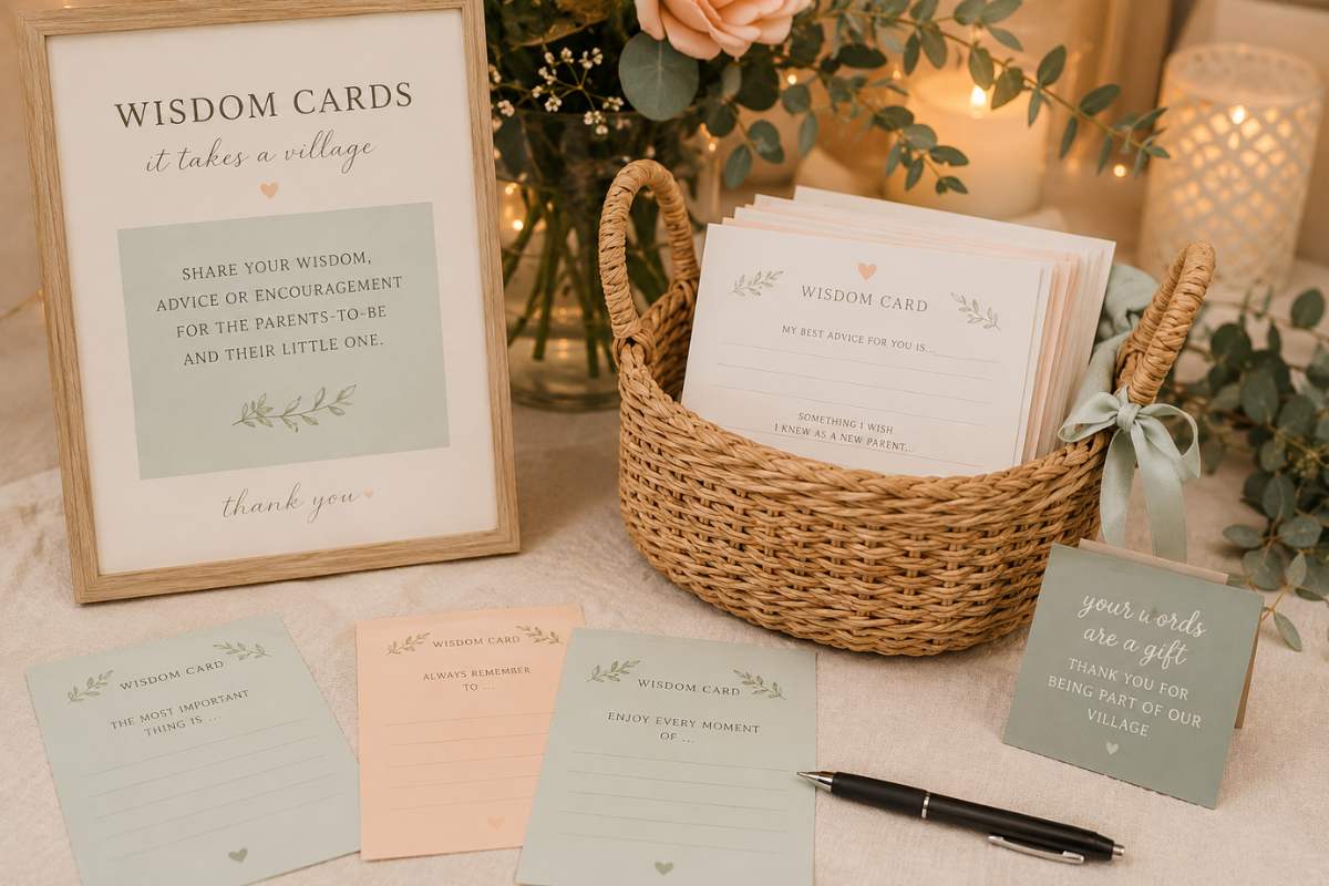 It Takes a Village baby shower wisdom card station featuring advice cards, pens, and a decorative wicker basket where guests share parenting tips, life lessons, and heartfelt messages to create a meaningful keepsake for the baby and parents-to-be.