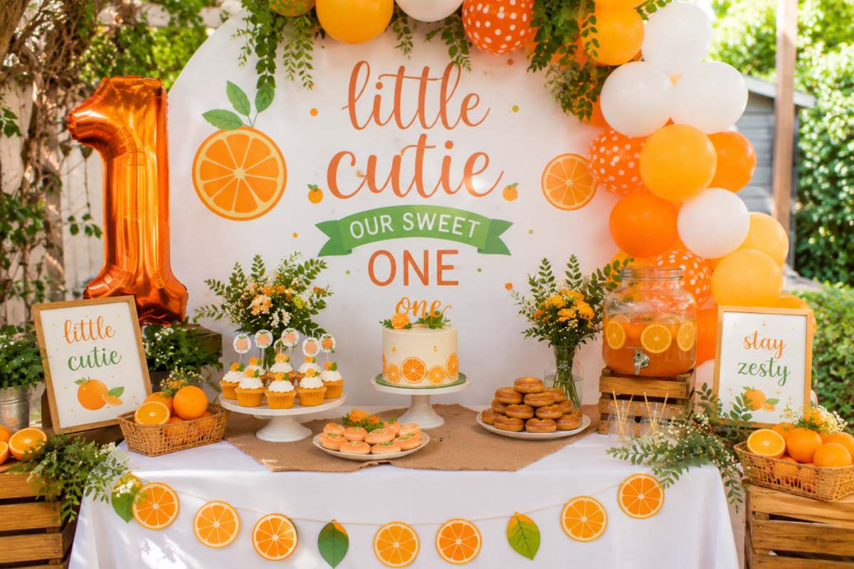 Little Cutie citrus-themed first birthday party setup featuring an outdoor orange-inspired backdrop, orange and white balloon garland, citrus slice decorations, fruit-infused beverage station, orange-themed birthday cake, cupcakes, cookies, fresh oranges, greenery accents, rustic wooden crates, and bright summer party décor in cheerful orange, yellow, and green tones.