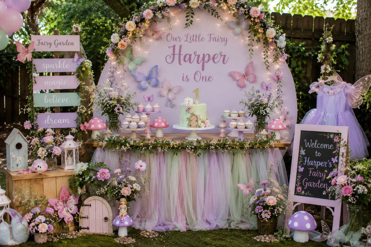 Whimsical fairy garden first birthday party setup featuring a pastel pink floral backdrop, butterfly decorations, fairy-inspired dessert table, toadstool props, enchanted garden flowers, fairy door accents, sparkling string lights, cupcakes, and a magical outdoor woodland-themed celebration display.