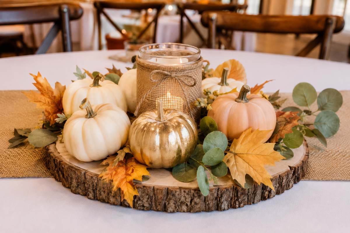 Elegant fall baby shower table centerpiece featuring cream, blush, and gold-painted mini pumpkins arranged with eucalyptus greenery, autumn leaves, and a candle on a rustic wooden slice centerpiece.