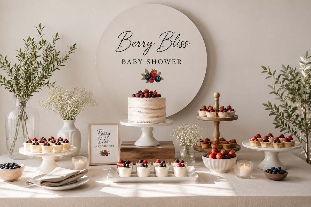Minimalist berry party concept featuring a neutral-toned baby shower dessert table with fresh strawberries and blueberries, simple floral arrangements, natural wood accents, clean table settings, and elegant berry-themed decor.