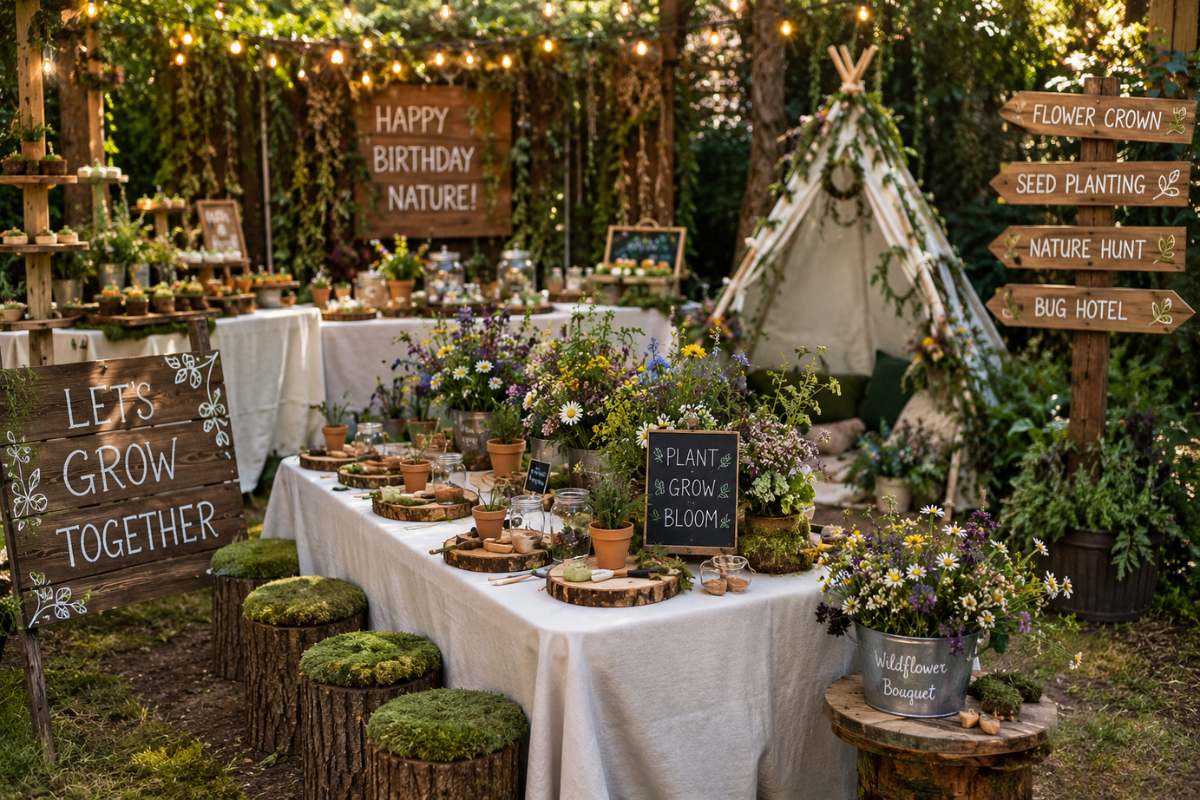 Nature-inspired biophilic party setup in a woodland garden featuring wildflower arrangements, potted plants, rustic wooden signs, moss-covered stools, string lights, and a cozy teepee surrounded by lush greenery.