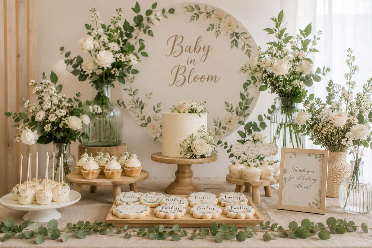 Neutral floral Baby in Bloom baby shower styling featuring cream and beige decor, white roses, eucalyptus greenery, glass vases, wooden cake stands, and elegant botanical accents. This modern and sophisticated baby shower setup showcases a refined neutral color palette perfect for a stylish floral celebration.