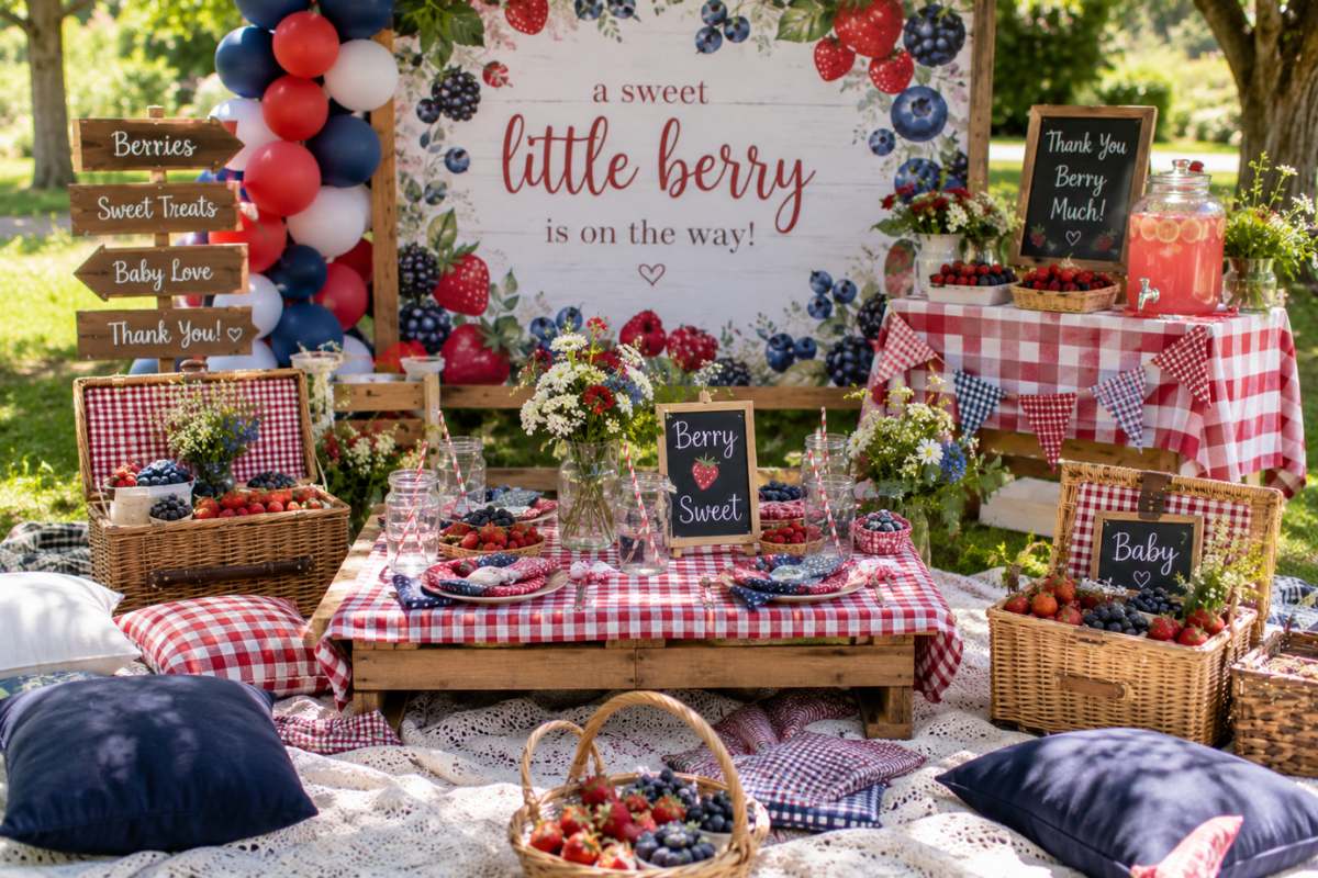 Berry picnic party setup for a baby shower with picnic baskets, fresh berries, checkered tablecloths, floral arrangements, low tables, and cozy outdoor seating ideas.
