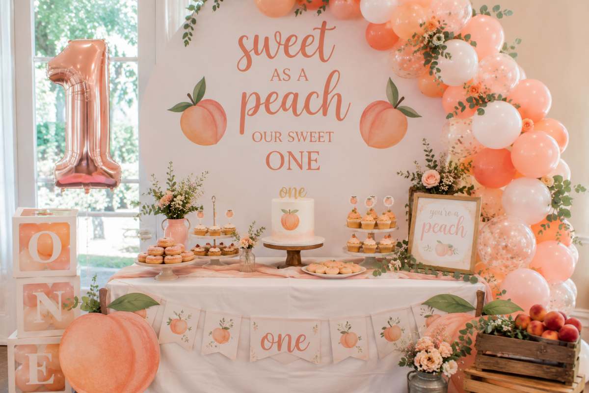 Peach-themed first birthday party setup featuring a soft peach and blush balloon garland, Sweet as a Peach backdrop, peach-inspired dessert table, peach-decorated birthday cake, cupcakes, floral arrangements, rustic wooden crates, fresh peaches, and elegant summer-inspired decorations in warm coral and peach tones.