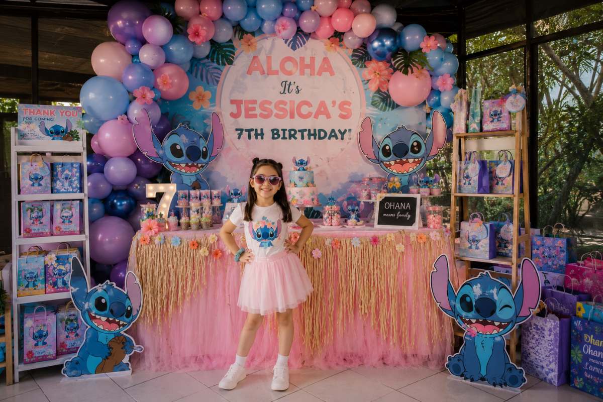 Personalized character-themed birthday party featuring custom decorations, coordinated pastel balloon garlands, themed dessert table, personalized signage, party favors, and a child celebrating in a uniquely customized character-inspired birthday setup.
