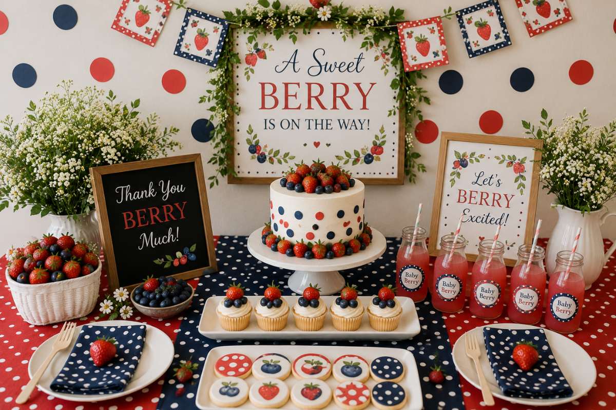 Berry polka dot party style ideas for a baby shower featuring dotted tablecloths, berry desserts, colorful polka dot decorations, and a fun indoor party setup.