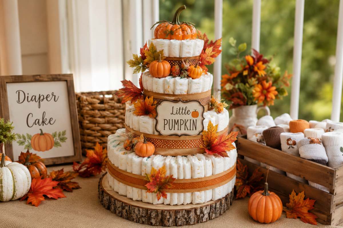 Rustic pumpkin-inspired diaper cake centerpiece decorated with faux autumn leaves, mini pumpkins, burlap ribbon, and a “Little Pumpkin” sign, displayed on a wooden slice among fall-themed baby shower decorations.