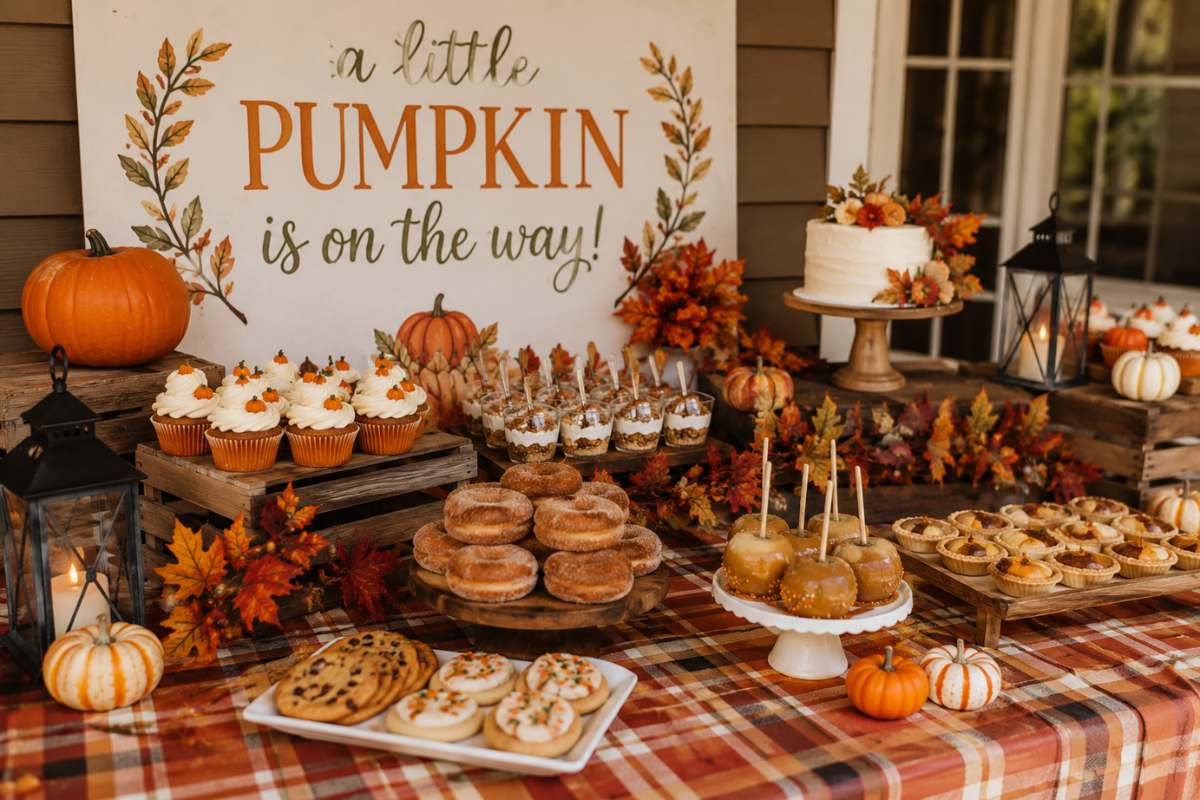 Close-up of a pumpkin patch baby shower dessert table featuring pumpkin spice cupcakes, apple cider donuts, caramel apples, frosted fall cookies, parfaits, and rustic autumn decorations with pumpkins, plaid linens, and colorful fall leaves.