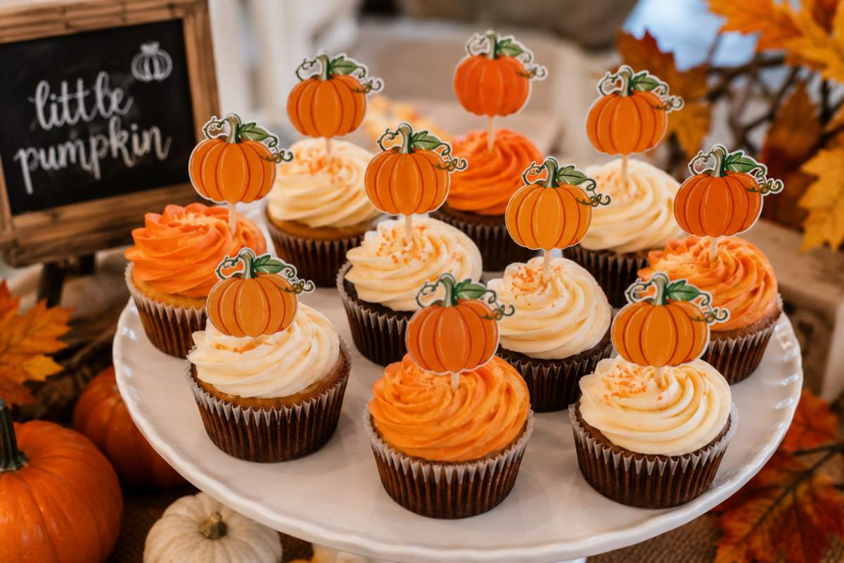 Fall-themed baby shower cupcakes topped with decorative little pumpkin picks and swirls of orange and cream frosting, displayed on a white cake stand surrounded by autumn leaves and seasonal decor