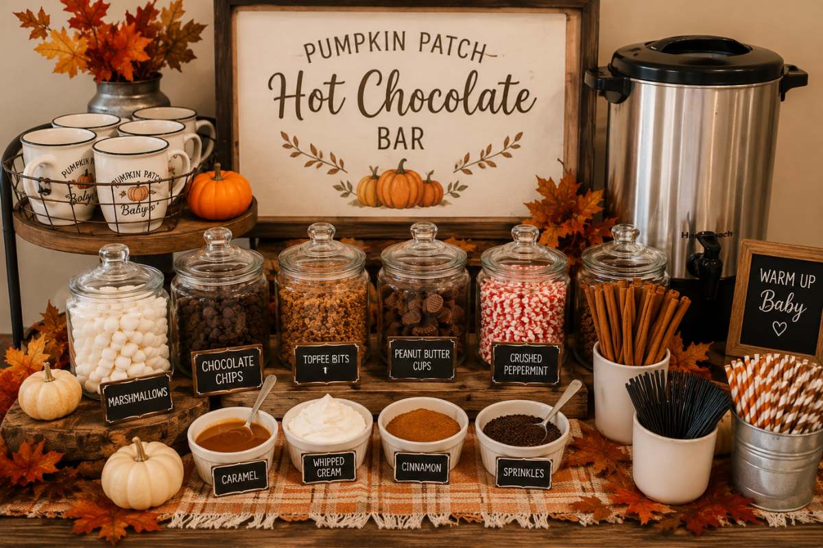 Cozy pumpkin patch baby shower hot chocolate bar featuring jars of marshmallows, chocolate chips, toffee bits, peppermint candy, cinnamon sticks, caramel sauce, whipped cream, and festive fall decorations with pumpkins and autumn leaves.